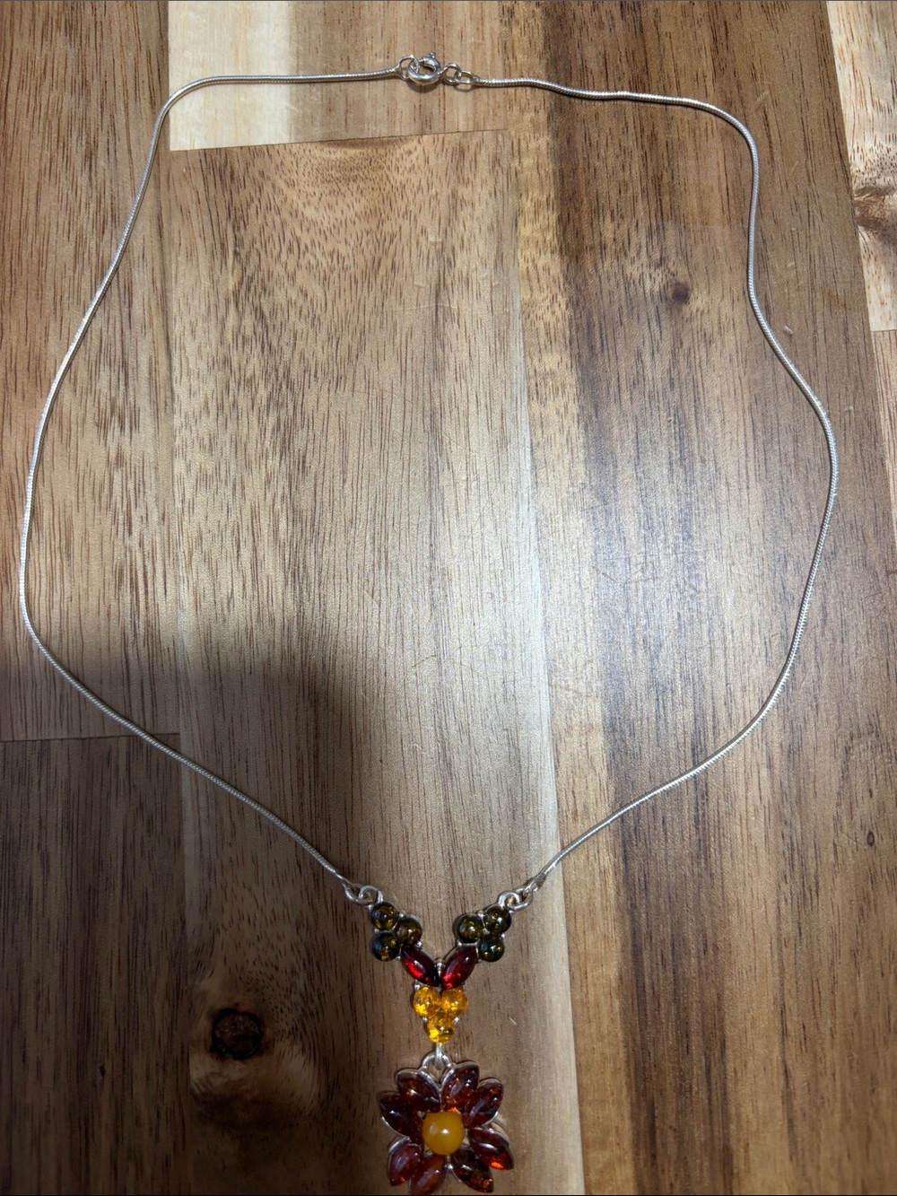 Mexican Silver 925 Necklace with Red and Amber Flower Pendant